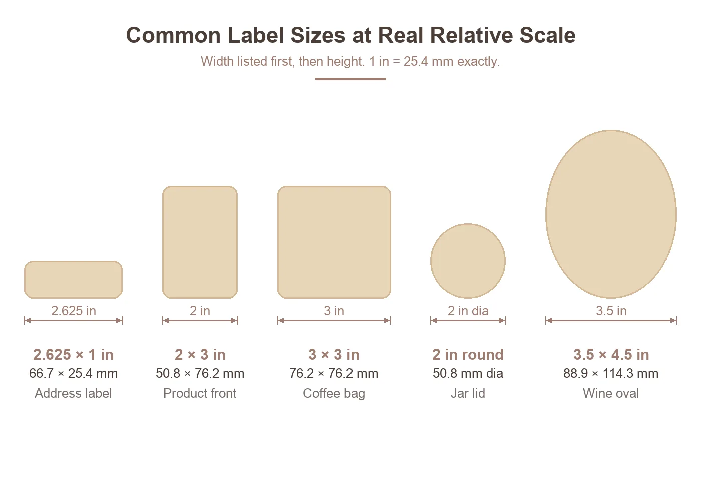 Common label sizes drawn at real relative scale with width and height dimensions
