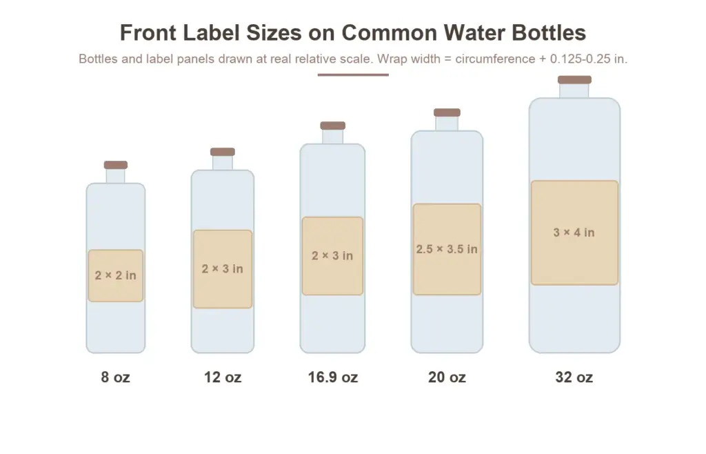 Front label sizes on common water bottles from 8 oz to 32 oz drawn at real relative scale
